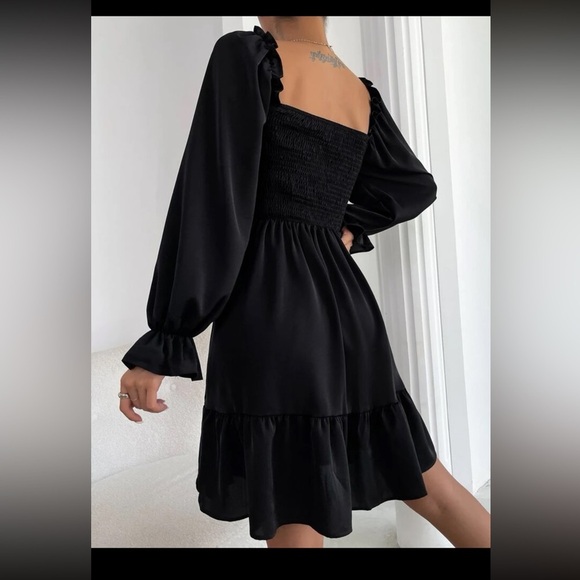 square neckline long sleeve ruffle shirred bust boho mini dress black - Picture 2 of 2